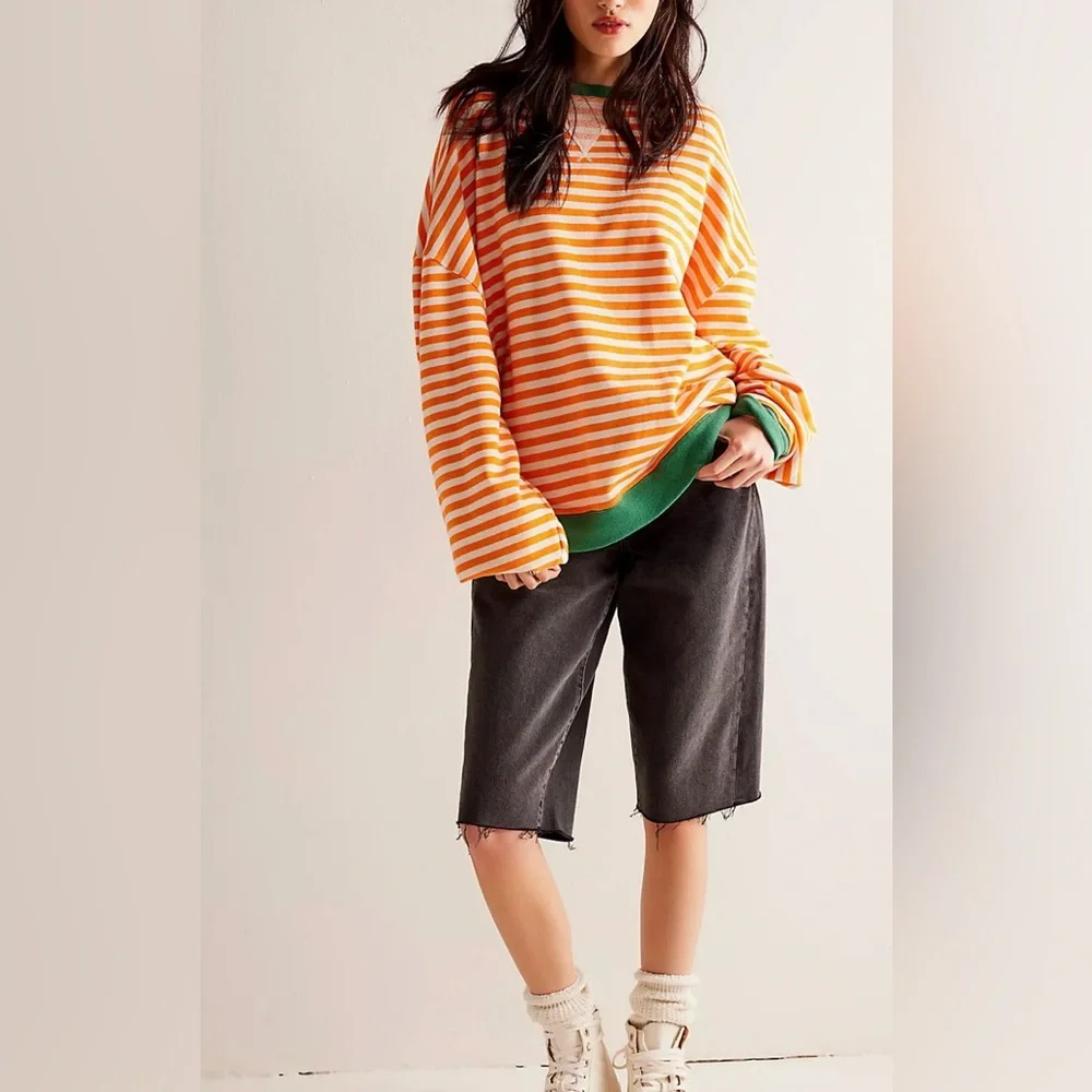NWOT Free People Classic Stripe Oversized Crewneck Sweatshirt